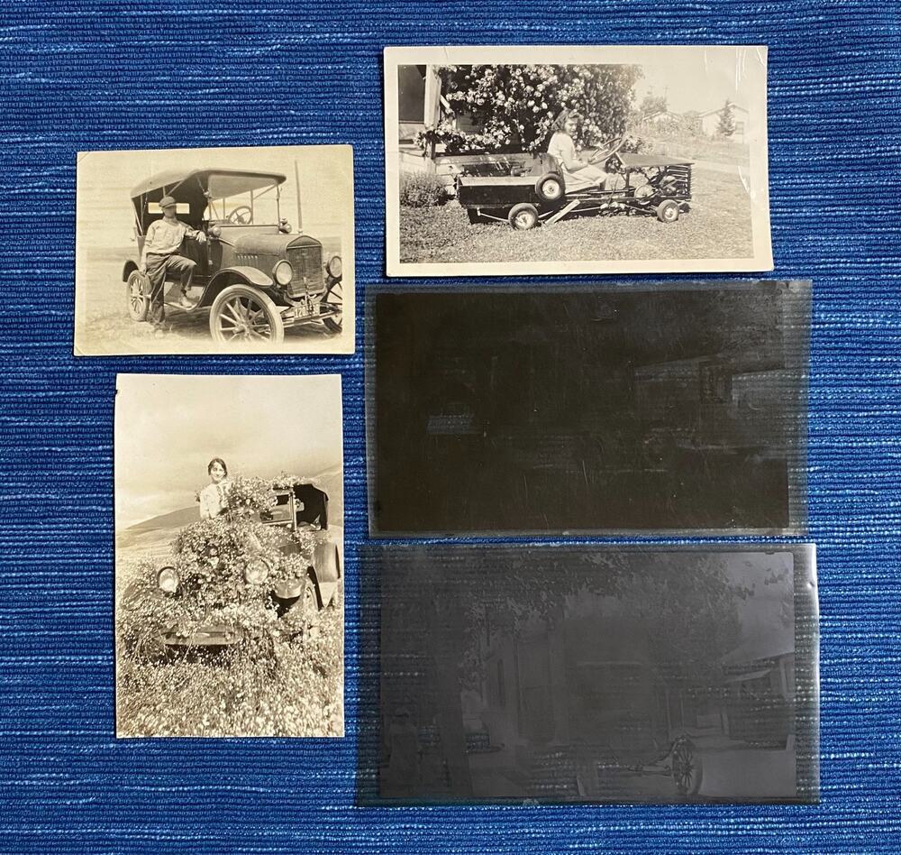 Vintage Snapshot Photo Negative Lot California Model T Camper Flowers Yard Cart